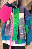 Korean Colorblock Parkas For Women Round Neck Long Sleeve Single Breasted Irregular Loose Coats Female Clothing