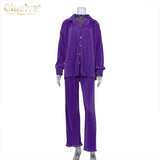 Casual High Wasit Pants Set Women Autumn Long Sleeve Blouses Matching Wide Trousers Suit Green Pleated 2 Piece Pant