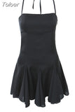 Spring Summer New Sexy Slim Fashion Women Halter Neck Tie Backless Pleated Short Strap Mini Dress