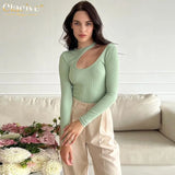 Sexy Blue Knit Women T-Shirts Bodycon O-Neck Long Sleeve T Shirt Streetwear Fashion Slim Hollow Out Tops Female