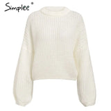 Winter lantern sleeve knitted sweater pullover Women loose round neck red sweater Female autumn casual sweater