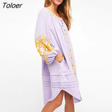 Elegant Women's Boho Dress O-Neck Single-Breasted Puff Sleeve Floral Embroidery Vintage Dresses Bohemian Beach