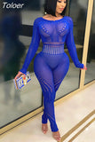 See Through Hollow Out Fishnet Mesh Jumpsuit Long Sleeve Backless Sexy Nightclub Outfit for Women Wholesale