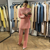 Free Shipping Cotton Casual Women Knitted Two Piece Sets Women's Slim Outfits Striped Turtleneck Sweater And Elastic Pant
