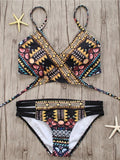 chest cross straps split swimsuit women's ethnic print sexy bikini bikini