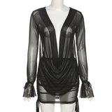 Sisterlinda Casual Sexy Mesh 2Piece Set Women Deep V-Neck Long Sleeve Backless Top+Shirring Skirt Party Clubwear Matching