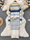 Panelled Striped Sweet Knitted Sets Turn Down Collar Knitwear Top+Midi Slim Camis Dress Women Autumn Two Pieces