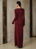 New Women's Fashion Temperament Wine Red Dress Metal Accessories