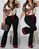 Neck Short Sleeve Top Women Two Piece Suits Lace Up Straight Long Pants Sets Print Tight High Waist Office Lady 2023
