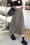 Korean Vintage Pleated Skirt Long Women Autumn Low Rise Preppy Style Casual A-Line Midi Skirt for Girls 90s