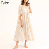 Embroidery Midi Dress V Neck Sexy Half Sleeve Vintage Vestidos Boho Summer 2023 Beach Loose Casual Clothes Women
