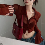 Button Front Cropped Sheer Long Sleeve Blouse-Outfit