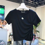 Short Floral Printed Short Sleeve Tees Adjustabale Drawstring Round Neck Shotr T-shirts Slim Casual Fashion
