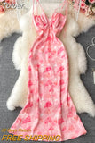 Dress Women Bow-tied Spaghetti Strap V-neck High Waist Floral Print Party Midi Dress Sexy Backless Mermaid Dress