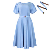 Women's 2025 Summer Fashion Bubble Sleeve Elegant High- Waist Solid Colored Round Dress African