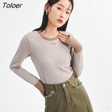 Women Tees 2022 Winter Long Sleeve O Neck Collar Cuffs Stitching Tshirt Elasticity Casual Basic All Match
