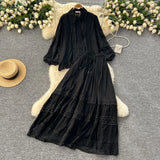 Suit Female Senior Sleeve Lace Splicing Lantern Long-Sleeved Shirt + High Waist Slim Swing