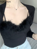 2 Piece Set Women Crop Tops Sexy Sling Vest Long Sleeve Cardigan Coat Outfits Rouopas Femme Sexy Tunic Suit Y2k