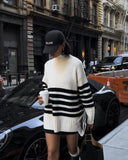 Women's Loose Lazy Black And White Striped Sweater With Long Knitted Shirts In The