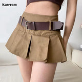 Casual Brown Pleated Mini Skirt Ladies High Waisted Short Skirts Womens With Belt Korean Fashion 90s Summer