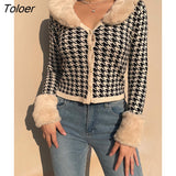 Vintage Fur Collar Women's Cardigan Knitted Winter Sweater Coats Korean Fashion Aesthetic Casual Streetwear