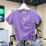 Short Floral Printed Short Sleeve Tees Adjustabale Drawstring Round Neck Shotr T-shirts Slim Casual Fashion