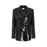 Women Black Sequins Shining Big Size Blazer New Lapel Long Sleeve Loose Fit Jacket Fashion Spring Autumn 2023