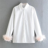 Feather Cuffs Women Stitching Furry White Shirt Elegant 2022 Patchwork Chic Blouse Vintage Loose Ladies Lapel
