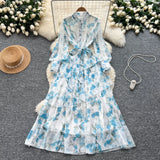 Dress Women 2025 New Fashion Collar Single Buckle Waist Lace Splicing Lotle Side Print