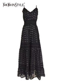 Lace Panel Sling Dress For Women V Neck Sleeveless High Waist Solid Sexy Midi Dresses Female Summer Clothing