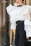 Temperament Blouse Women Chic Ruffled Collar Lace Shirts Fashion Puff Sleeve Elegant Blusas De Mujer Korean White