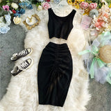 Summer Women 2pcs Set Black/Red Vintage Round Neck Knitted Short Tops + Drawstring Bodycon Skirt Female Two Piece Set