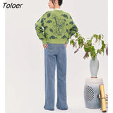 Women Knit Cardigan 2022 Autumn Long Sleeves V Neck Loose Sweaters Cartoon Pattern Jacquard Green Casual Chic