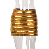 Sisterlinda Shiny Padded Women Y2K Mini Skirts Summer Casual Sliver Zip Elastic Hip Skirts Lady Party Clubwear Streetwear
