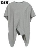 Loose Gray Asymmetrical Sweatshirt New Round Neck Short Sleeve Women Big Size Fashion Tide Spring Autumn 2023