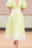 Colorblock A Lin Midi Dresses For Women V Neck Short Puff Sleeve High Waist Elegant Mesh Dress Female Summer 2023