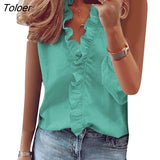 s-3xl Shirt Women Spring Summer Breathable Women Shirt Sleeveless V Neck Ruffled Hem Blouse Vest Top Female shirt