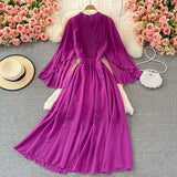 Autumn Purple/Orange/Red Draped Long Dress Boho Round Neck Flying Sleeve High Waist Elegant Vacation Beach Robe Bohemian