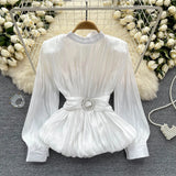 French-Style Waist-Low-Down Shirt Female Careful Machine Strap Design With A Chic Folded Lotus Leaves Hem French