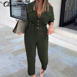 Fashion Jumpsuits Women Elegant Suit Collar Long Sleeve Rompers Casual Solid Cargo Pants Pockets Work