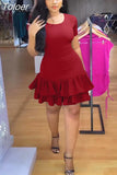 Lady Round Neck Short Sleeve Ruffles Hemline Short Dress Chic Cross Lace Up Hollow Out Bohemian Holiday Trip Travel
