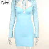 Sexy Beaded Dress Sheer 2023 Spring Fashion Slim Bodycon Dress Long Sleeves Elegant Party Club Women Outfits y2k