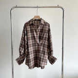 Women's Brushed Diagonal Button Plaid Blouse Long Sleeve Loose Casual