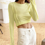 Bodycon White O-Neck Women'S T-Shirt 2021 Elegant Yellow Long Sleeve Fall Tee Shirt Casual Slim Elastic Solid Top