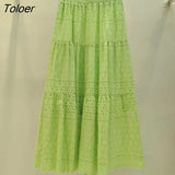Boho Elegant White Long Skirt Women Hook Flower Hollow Folds Hem High-waisted Skirts Casual Holiday Female Clothes
