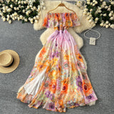 Holiday Style Shoulder Lotus Leaf Side To Receive Waist Temperament Long Swing Print Chiffon