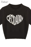 Tshirts Women Letter Print Knitted Black T Shirt Fashion Summer Casual Tees Korean T-shirt Crop Tops 2023 Ropa Mujer