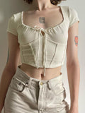 Sweet Casual Lace-up Corset Top Coquette Aesthetic Short Sleeve T-shirt Square Collar Cropped Tops Korean Cute Tees