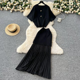 Two-Piece Skirt 2025 Summer High-End Short-Sleeved Knitted Top High-Waisted Splicing 100-Folded
