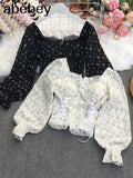 New Spring Sweet All-match square collar Lantern Sleeve Lace lace bandage waist slim short Shirt